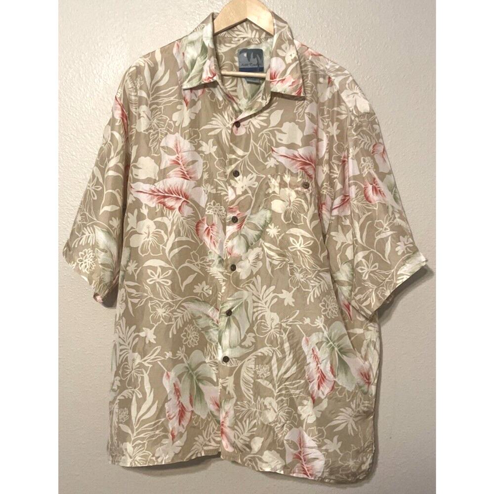 Silk Traders Men's Hawaiian Shirt Tan White Palm Trees 100% Silk Size XXL